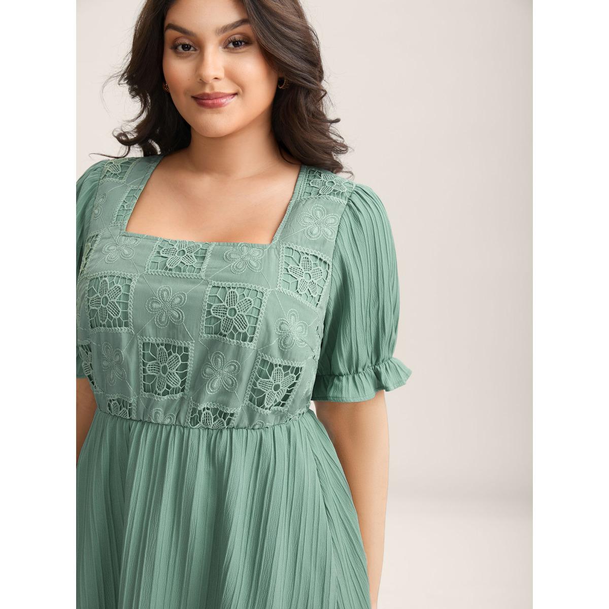 Plus Size Lace Cut-Out Pockets Midi Dress Aquamarine Women Square Neck Short sleeve Curvy BloomChic 10/M Product Image