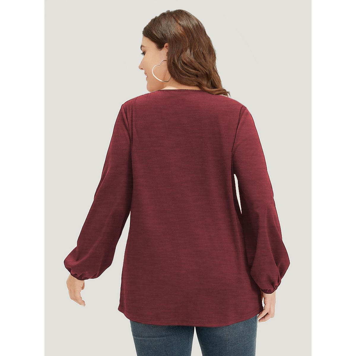 Plus Size Floral Patchwork Crew Neck Raglan Sleeve Sweatshirt Women Burgundy Elegant Elastic cuffs Round Neck Dailywear Sweatshirts BloomChic 30/6X Product Image
