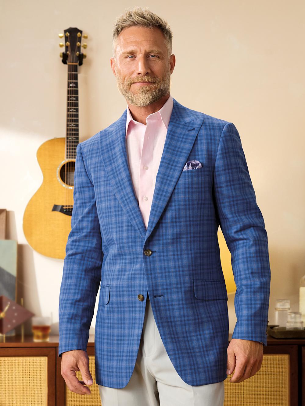 Wool Plaid Single Breasted Peak Lapel Sport Coat - Blue Product Image