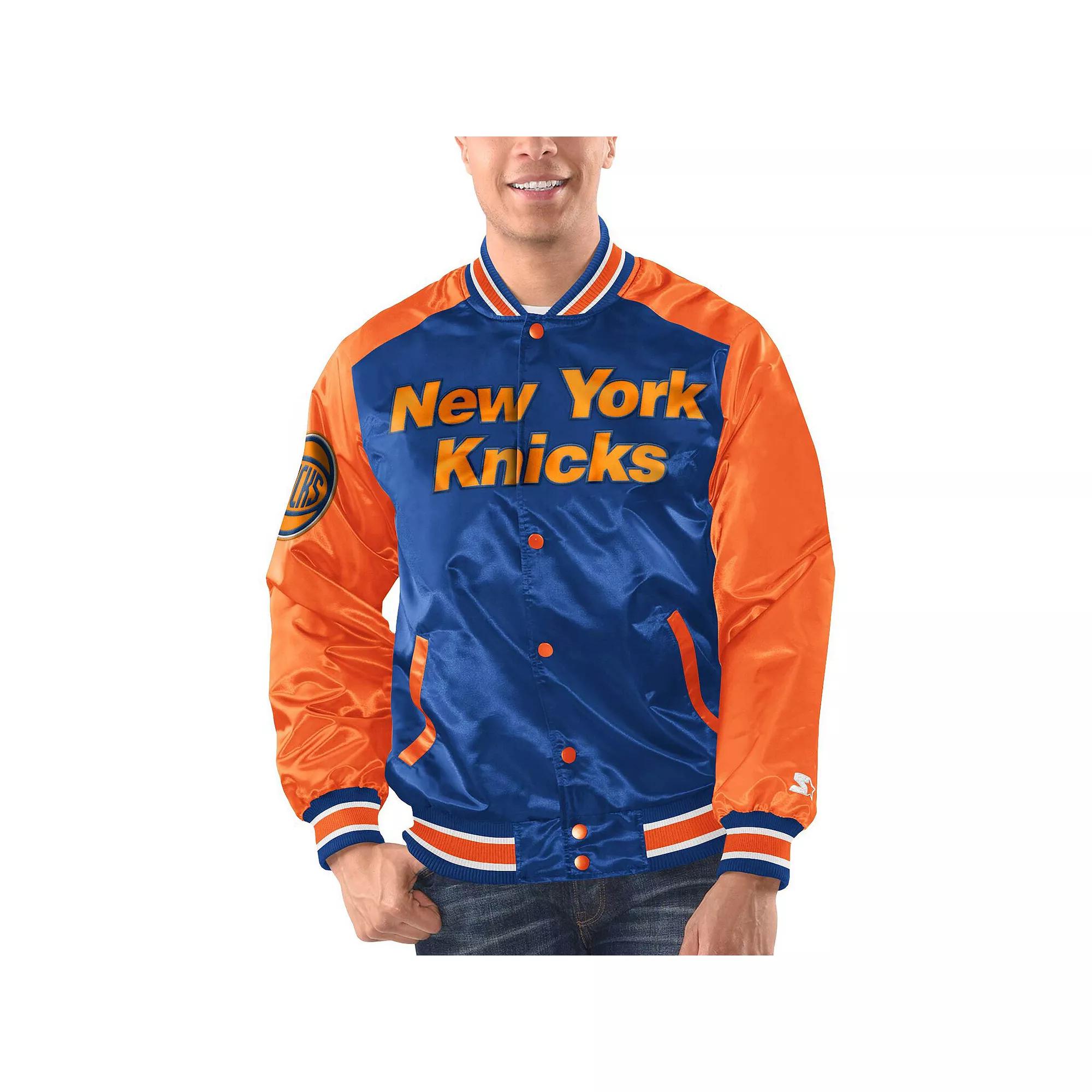 Men's Starter Blue/Orange New York Knicks Renegade Satin Full-Snap Varsity Jacket, Size: Medium Product Image