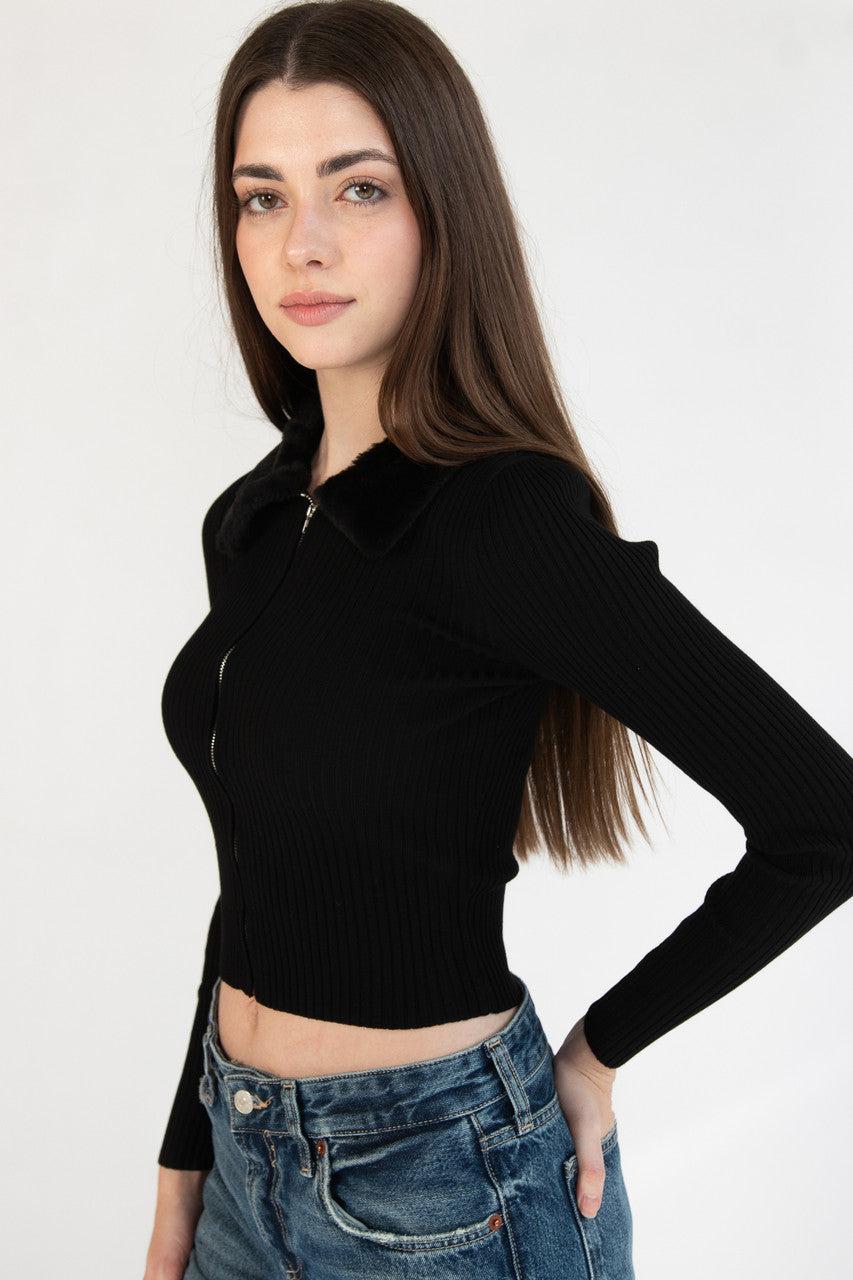 Fur Collar Zip Cardigan Product Image