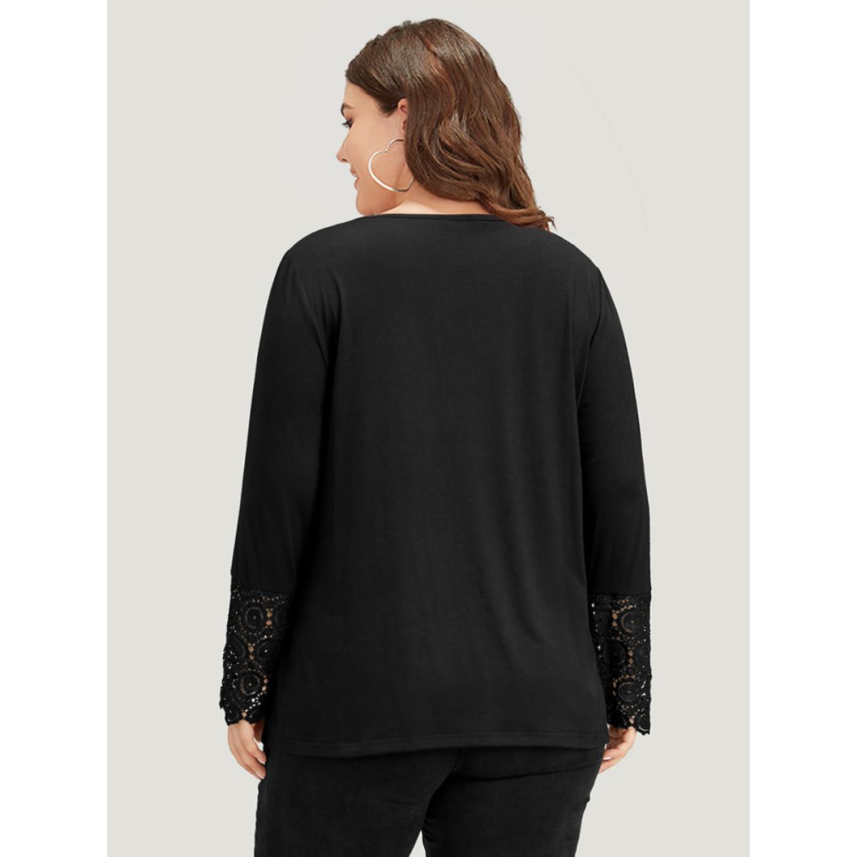 Plus Size Halloween Solid Round Neck Button Up Lace Panel T-shirt Black Women Elegant Plain Plain Open Front Everyday T-shirts BloomChic 26/4X Product Image