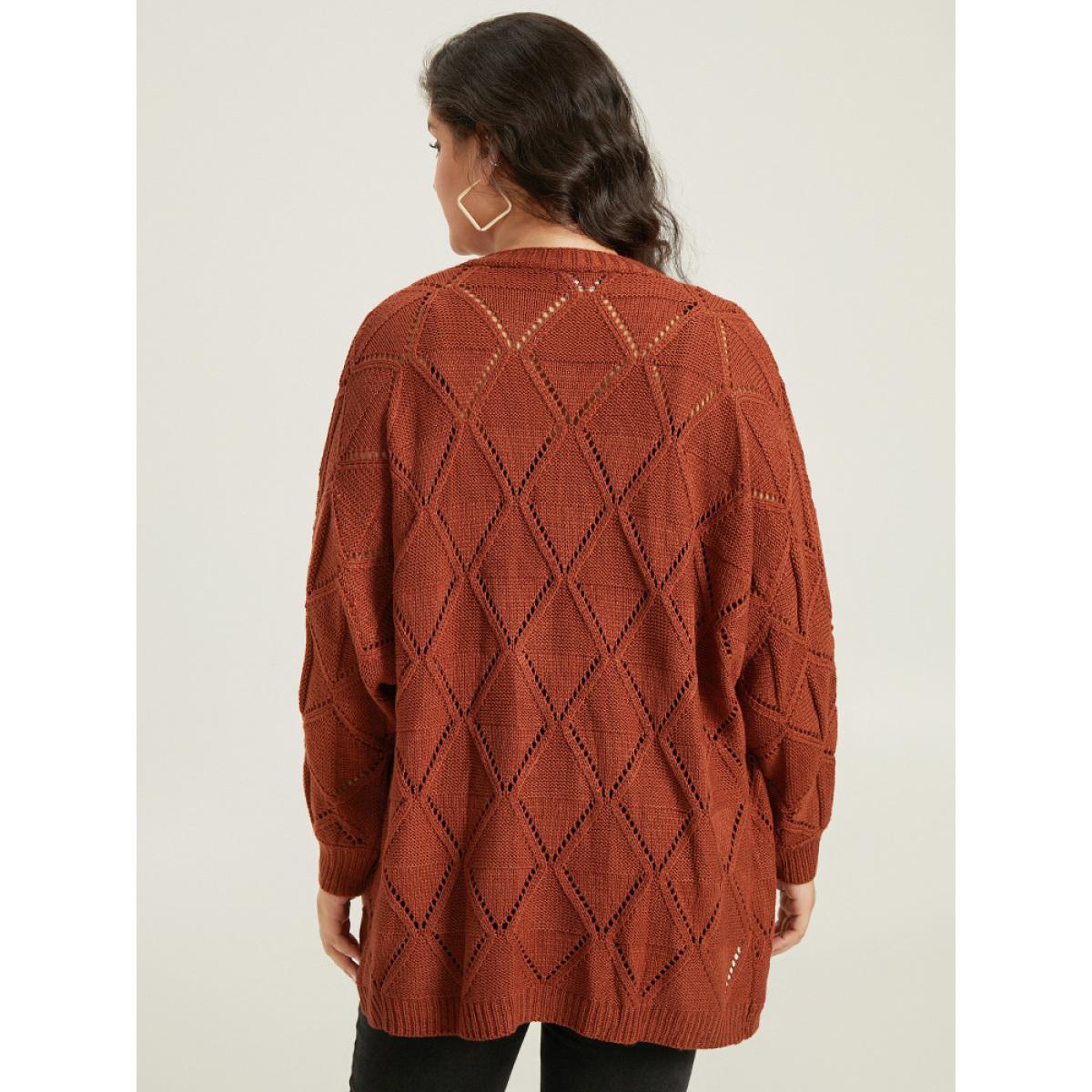 Plus Size Geometric Hollow Out Open Front Cardigan Rust Women Casual Loose Long Sleeve Dailywear Cardigans BloomChic 12/L Product Image