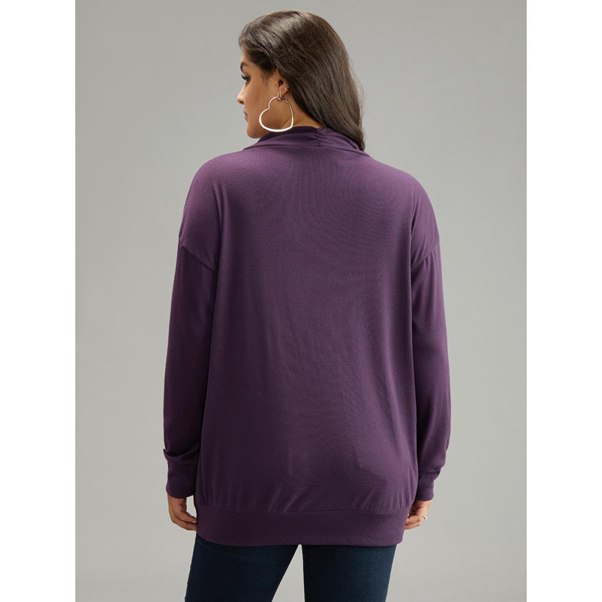 Plus Size Plain Cowl Neck Button Detail Sweatshirt Women Eggplant Casual Plain Overlap Collar Dailywear Sweatshirts BloomChic 12/L Product Image