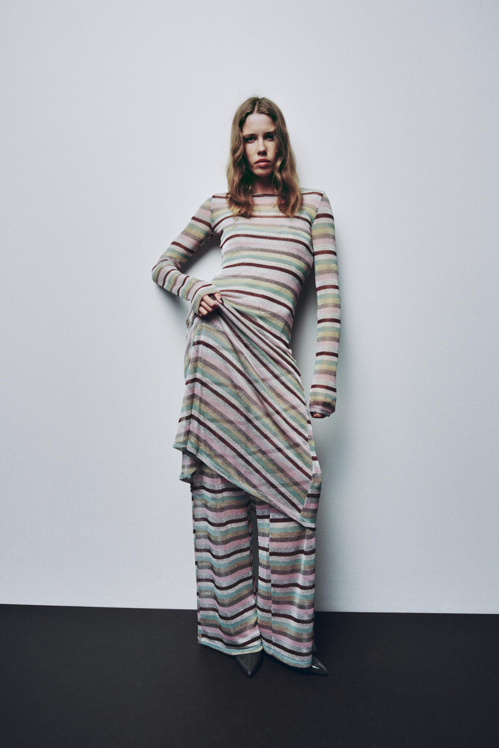 METALLIC THREAD STRIPED LONG DRESS Product Image