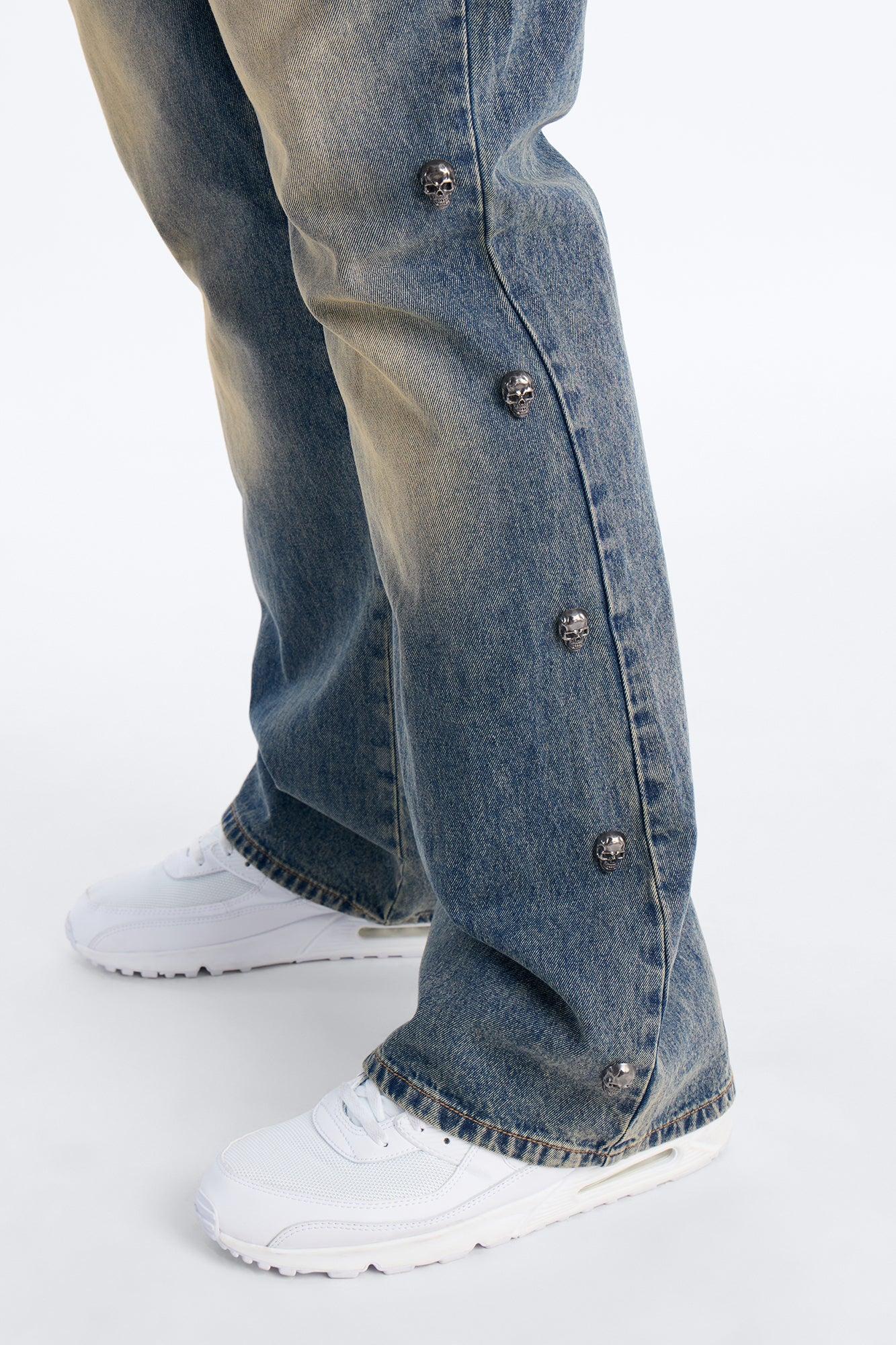 Stacked Slim Flare Chrome Skull Jean - Vintage Wash Male Product Image