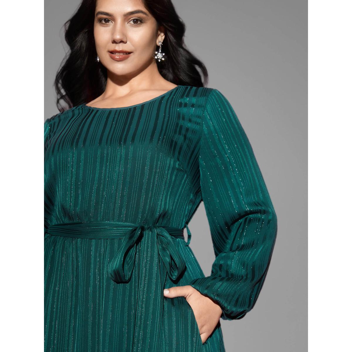 Plus Size Shimmery Silver Thread Waist-Tie Midi Dress Teal Women Cocktail Texture Round Neck Long Sleeve Curvy BloomChic 18-20/2X Product Image