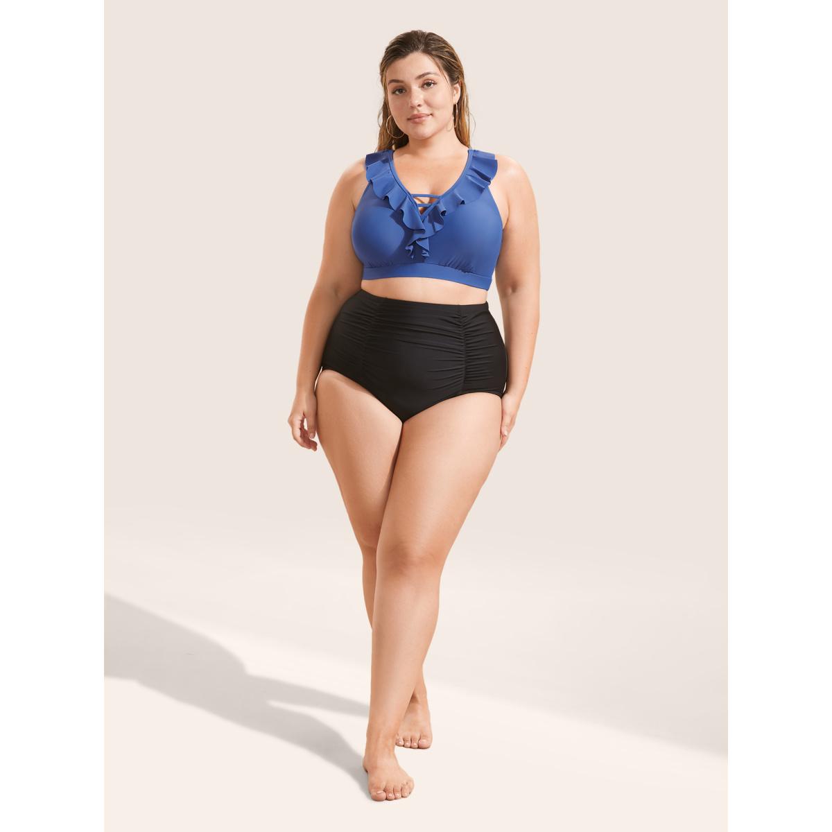 Plus Size Plain Keyhole Ruffle Trim Swim Top Women's Swimwear Indigo Beach Cut-Out High stretch Skinny V-neck Curve Swim Tops BloomChic 12/L Product Image