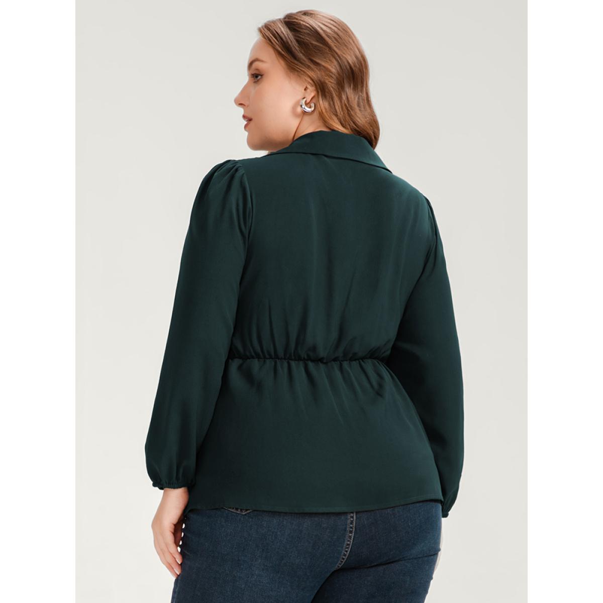 Plus Size DarkGreen Solid Lantern Sleeve Shirred Ruffles Blouse Women Office Long Sleeve Shirt collar Office Blouses BloomChic 22-24/3X Product Image