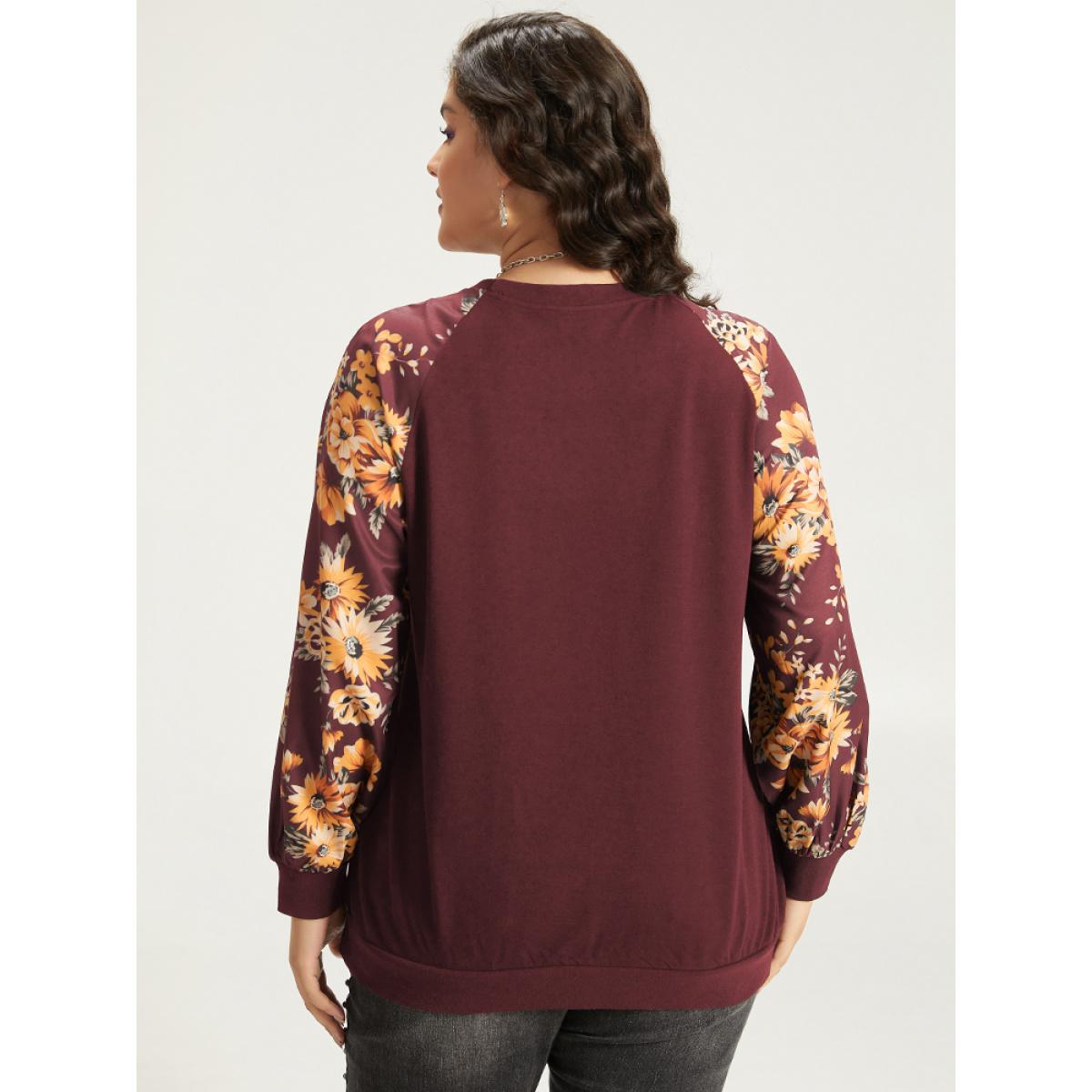 Plus Size Halloween Floral Patchwork Print Raglan Sleeve Sweatshirt Women Blue Leisure Elastic cuffs Round Neck Casual Sweatshirts BloomChic 14-16/1X Product Image