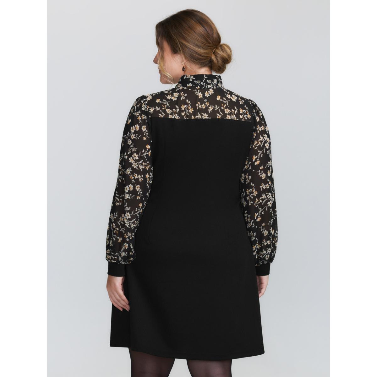 Plus Size Floral Print Ribbon Neck-Tie Knee Dress Black Women Timeless Ribbon-tied collar Long Sleeve Curvy BloomChic 22-24/3X Product Image