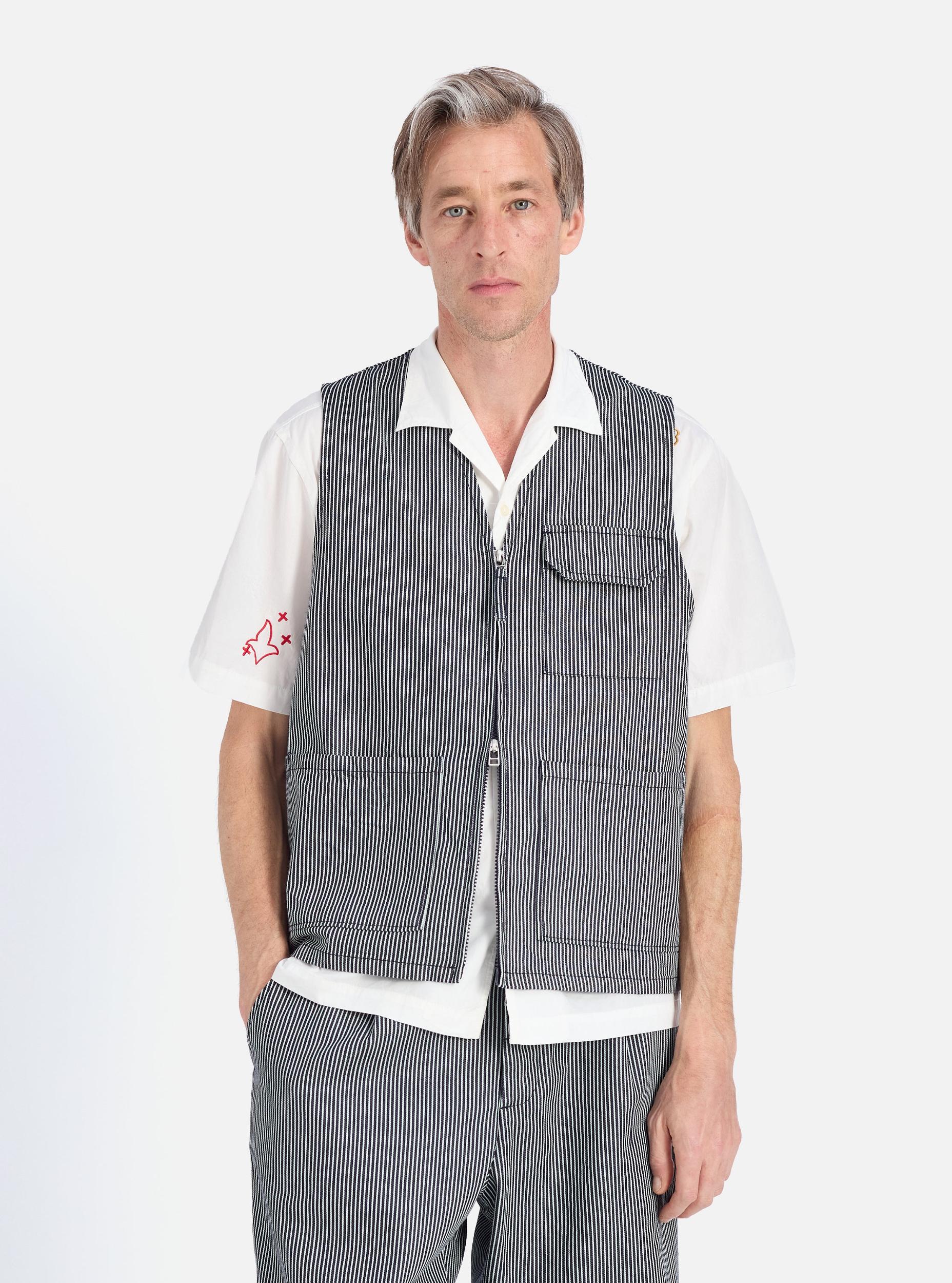 Universal Works Marine Gilet in Indigo Hickory Stripe Denim Product Image