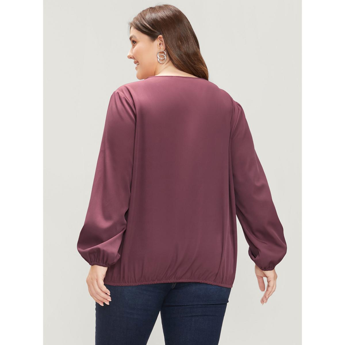 Plus Size Scarlet Solid Lantern Sleeve Tie Neck Wrap Blouse Women Elegant Long Sleeve V-neck Dailywear Blouses BloomChic 30/6X Product Image