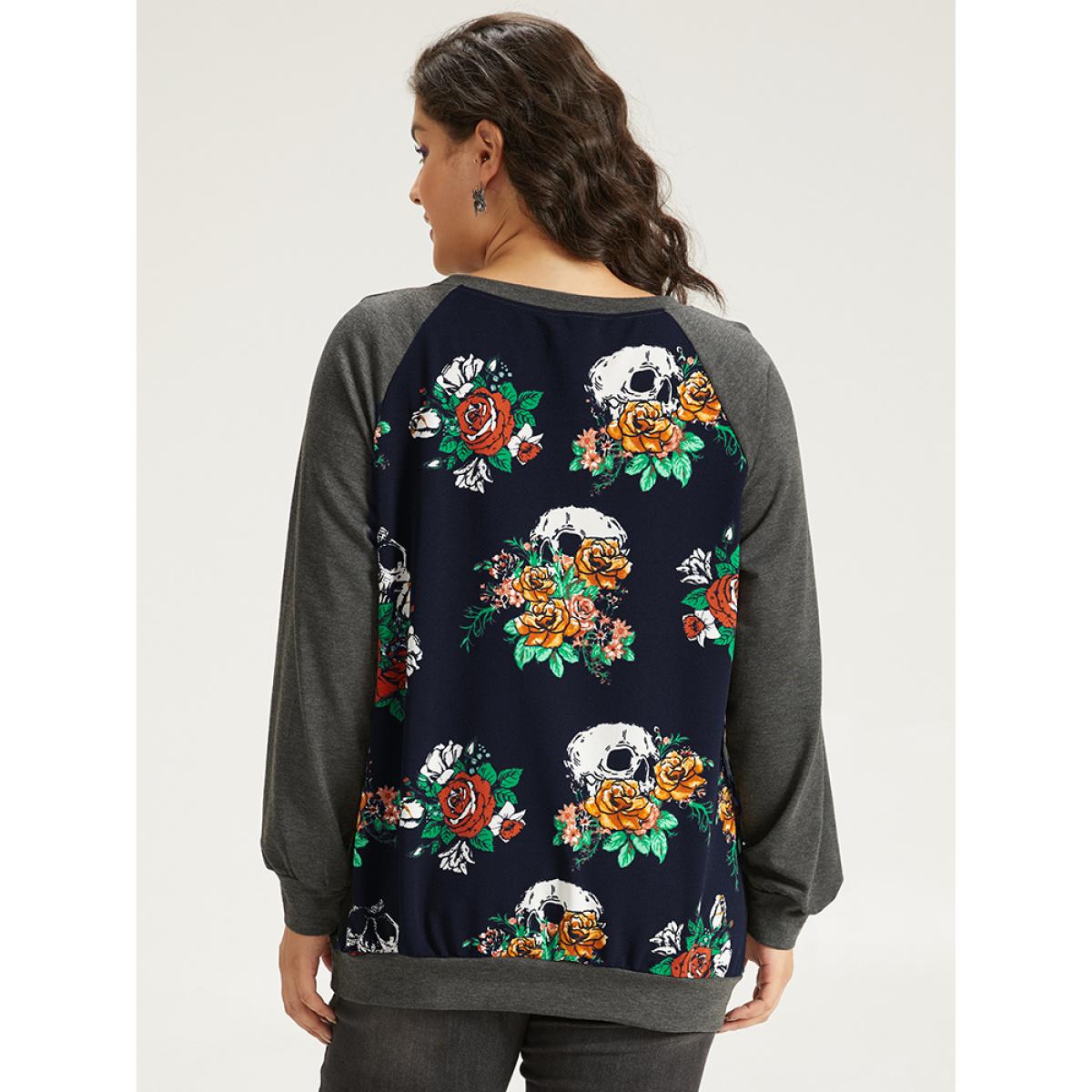 Plus Size Halloween Skull & Floral Print Raglan Sleeve Sweatshirt Women Indigo Casual Elastic cuffs Round Neck Dailywear Sweatshirts BloomChic 18-20/2X Product Image