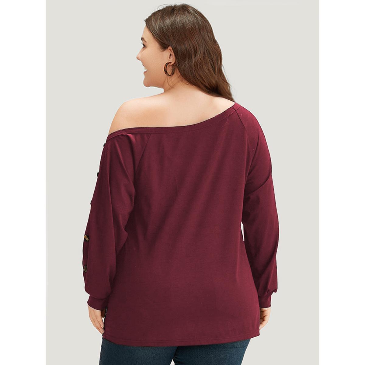 Plus Size Plain One Shoulder Button Detail Elastic Cuffs T-shirt Raspberry Women Elegant Elastic cuffs Plain One Shoulder Dailywear T-shirts BloomChic 10/M Product Image