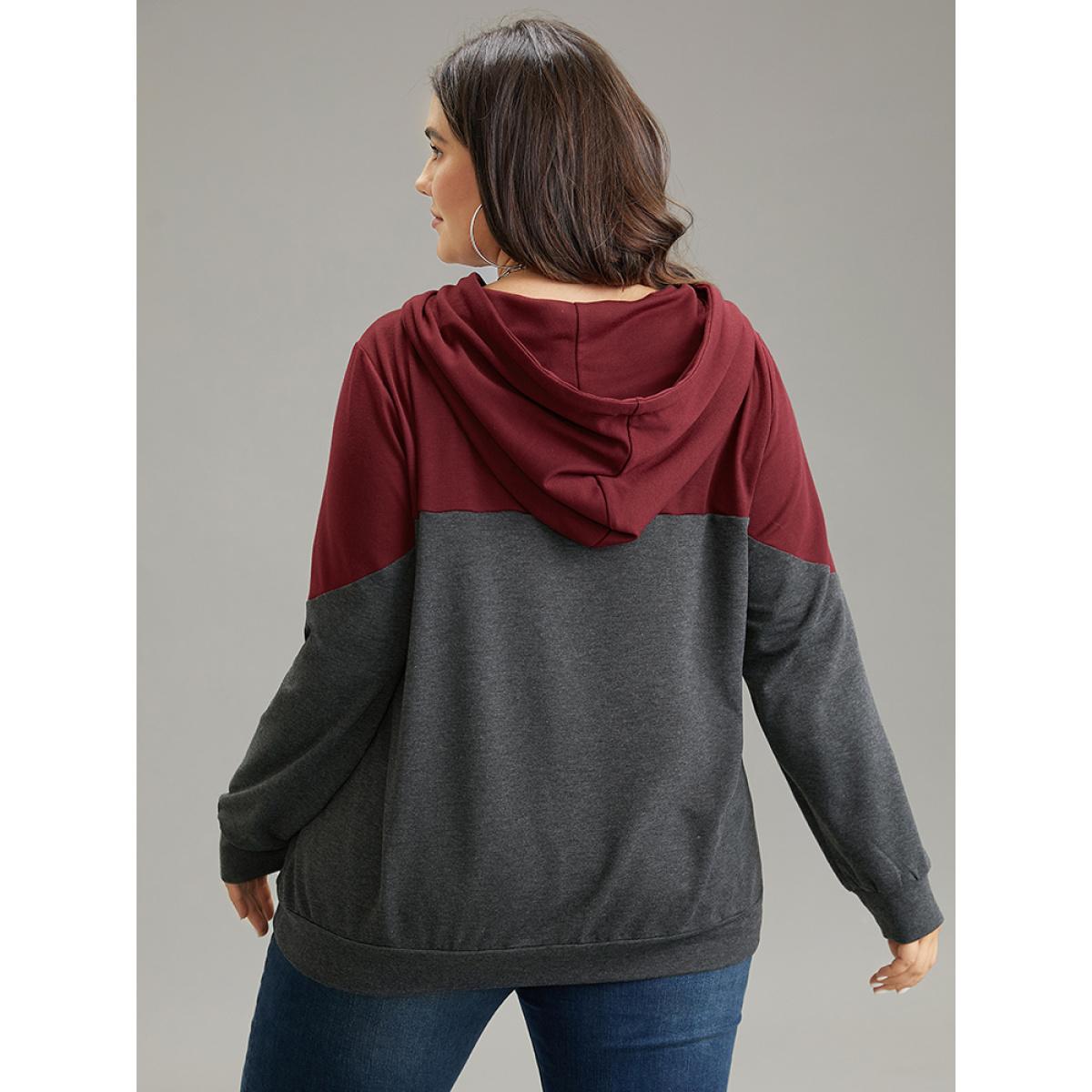 Plus Size Contrast Patchwork Hooded Pocket Drawstring Sweatshirt Women Burgundy Casual Contrast Hooded Dailywear Sweatshirts BloomChic 30/6X Product Image