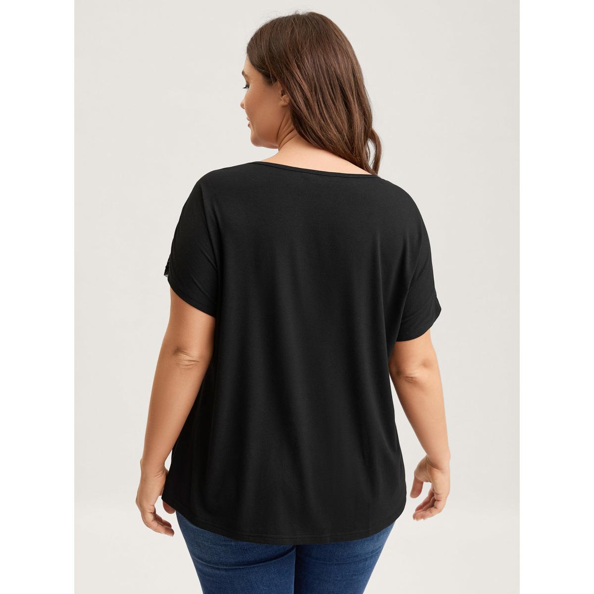 Plus Size Lace Trim Sheer Solid T-Shirt Black Women Leisure Non Casual T-shirts BloomChic 22-24/3X Product Image