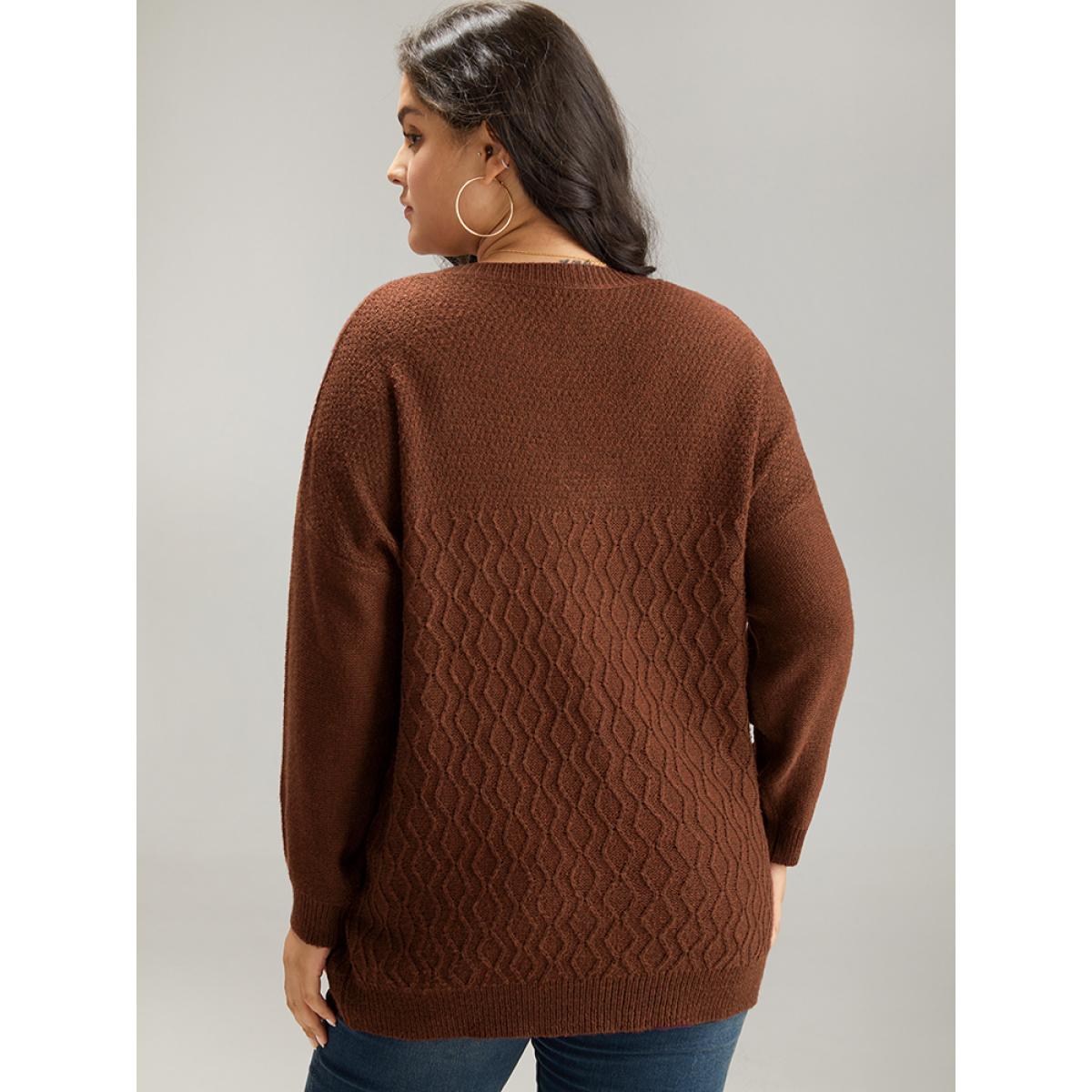 Plus Size Plisse Solid Drop Shoulder Pullover RedViolet Women Casual Loose Long Sleeve V-neck Dailywear Pullovers BloomChic 18-20/2X Product Image