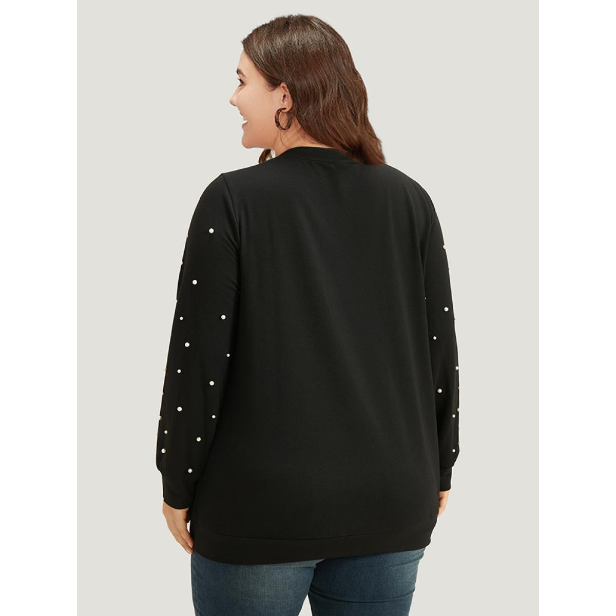 Plus Size Halloween Pearl Beaded Round Neck Sweatshirt Women Black Elegant Elastic cuffs Round Neck Festival-Halloween Sweatshirts BloomChic 18-20/2X Product Image