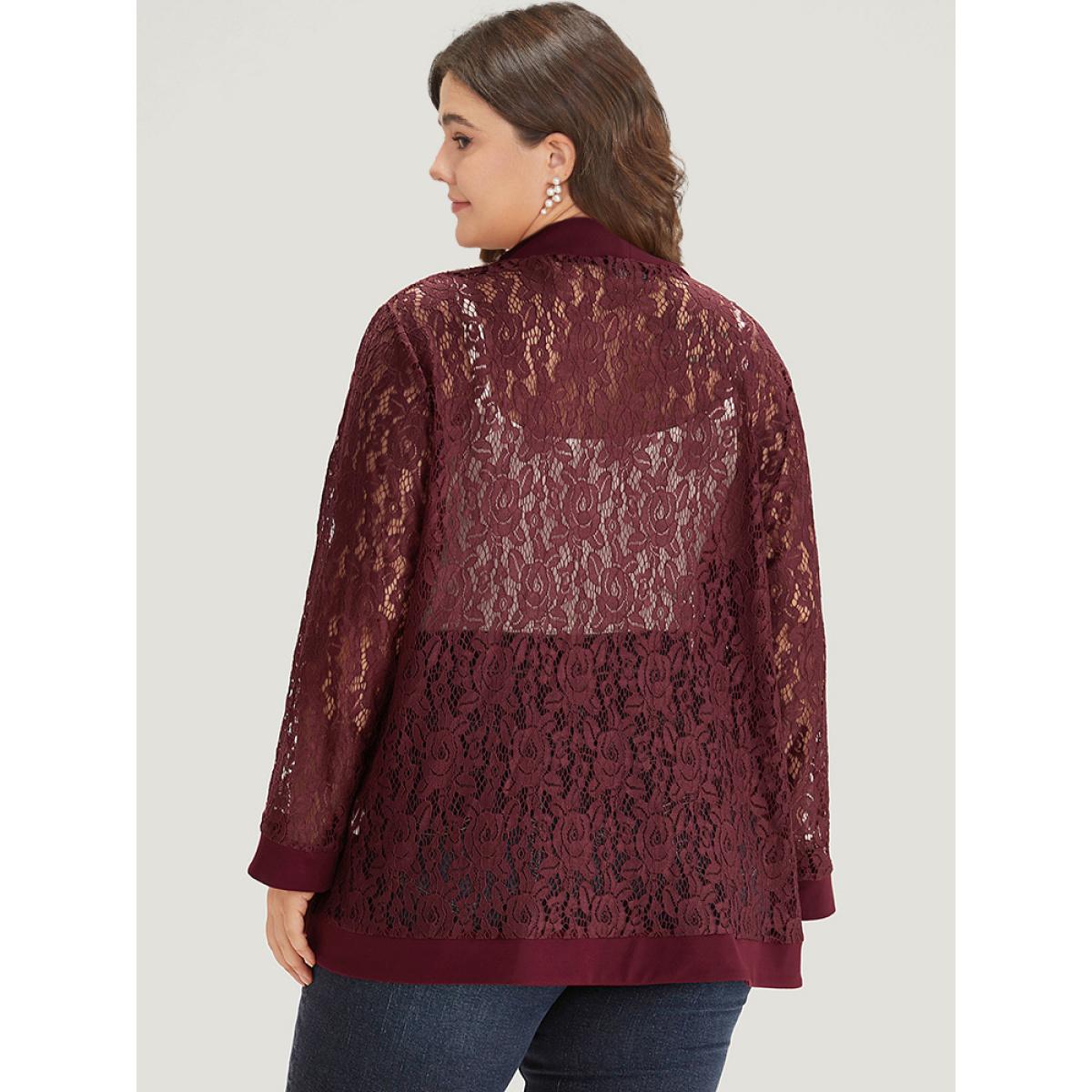 Plus Size Supersoft Essentials Crochet Lace Mesh Open Front Asymmetrical Hem Kimono Women Scarlet Casual Patchwork Loose Dailywear Kimonos BloomChic 26/4X Product Image