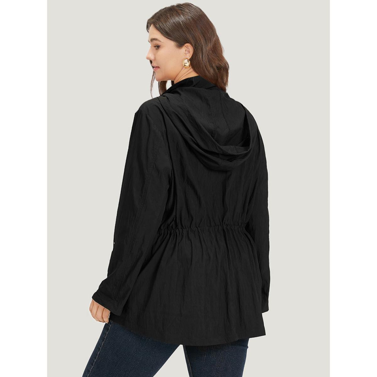 Plus Size Plain Hooded Zipper Drawstring Tab Sleeve Coat Women Black Plain Pocket Everyday Jackets BloomChic 18-20/2X Product Image