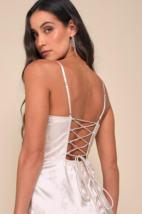 Sincerely Sensational Cream Satin Jacquard Lace-Up Jumpsuit Product Image