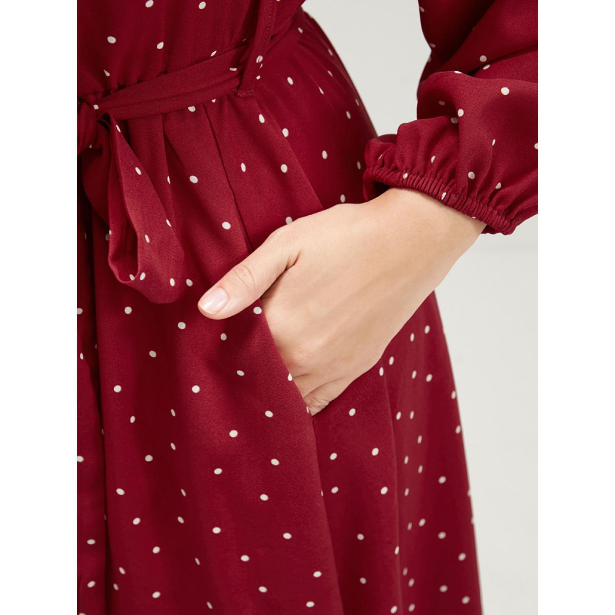 Plus Size Polka Dot Keyhole Round Neck Pocket Belted Ruffle Dress Scarlet Women Elegant Belted Round Neck Long Sleeve Curvy Long Dress BloomChic 14-16/1X Product Image