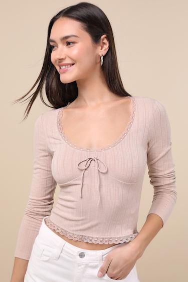 Celise Light Taupe Pointelle Knit Long Sleeve Top Product Image
