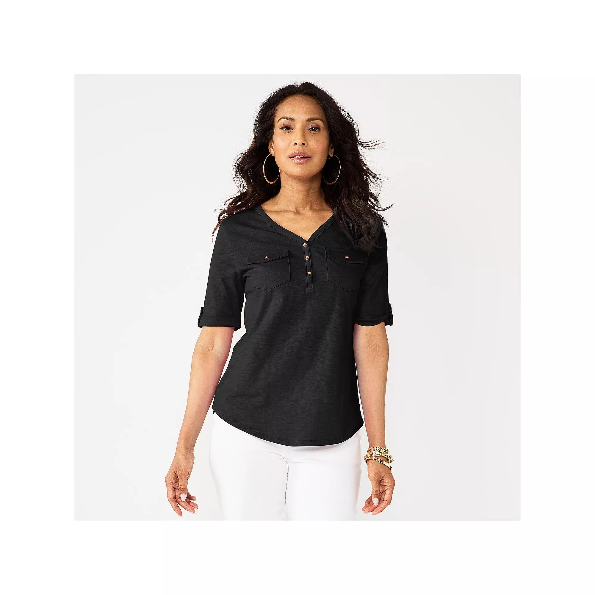 Women's Croft & Barrow® Elbow Sleeve Utility Henley Top, Size: Medium, Mineral Black Product Image