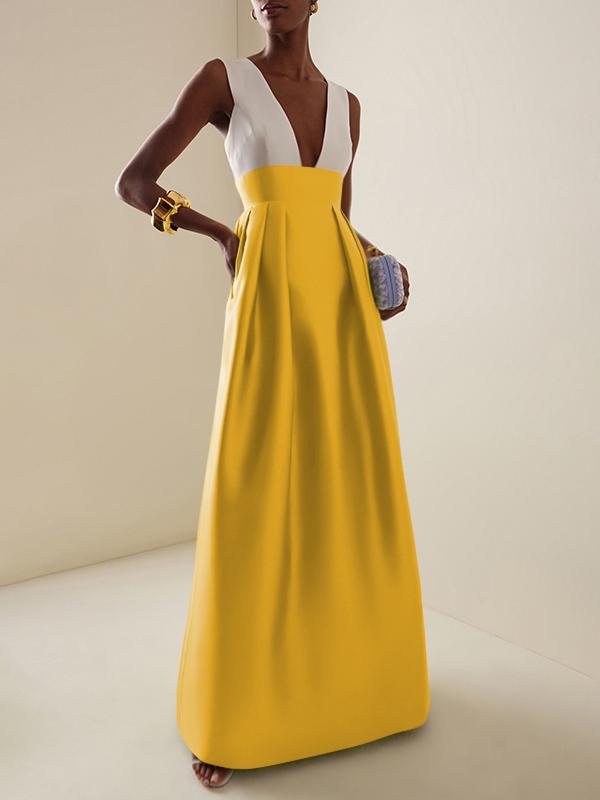 A-Line High Waisted Contrast Color Pleated Zipper Deep V-Neck Maxi Dresses Product Image