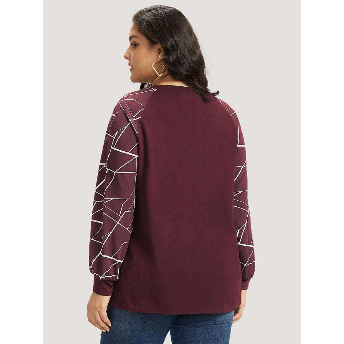 Plus Size Geometric Round Neck Raglan Sleeve Sweatshirt Women Burgundy Casual Elastic cuffs Round Neck Dailywear Sweatshirts BloomChic 12/L Product Image