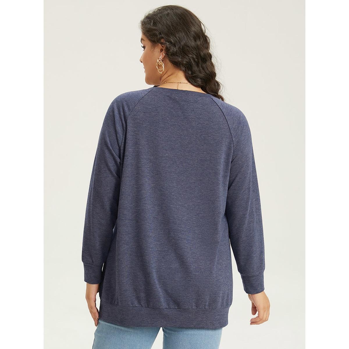 Plus Size Solid Plicated Detail Raglan Sleeve Sweatshirt Women DarkBlue Elegant Elastic cuffs Round Neck Dailywear Sweatshirts BloomChic 18-20/2X Product Image