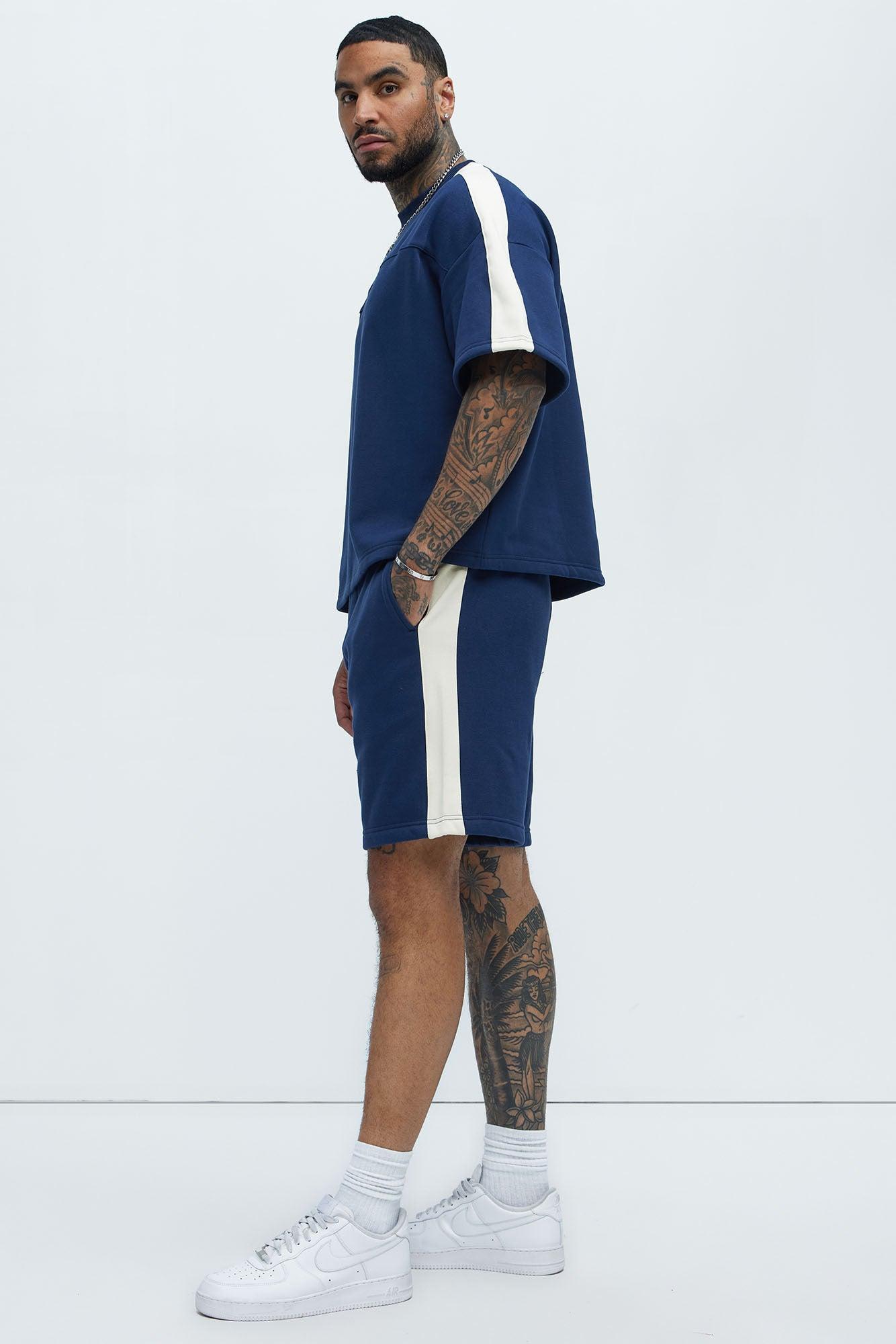 Tyson Oversized Heavyweight Striped Shorts - Navy Product Image