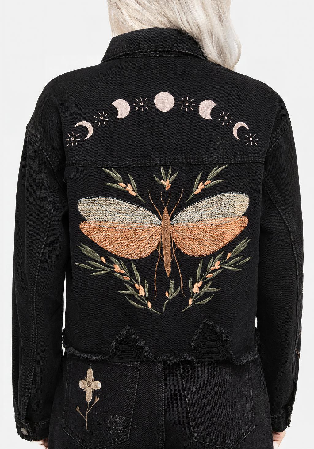 Griffinfly Embroidered Distressed Denim Jacket Product Image