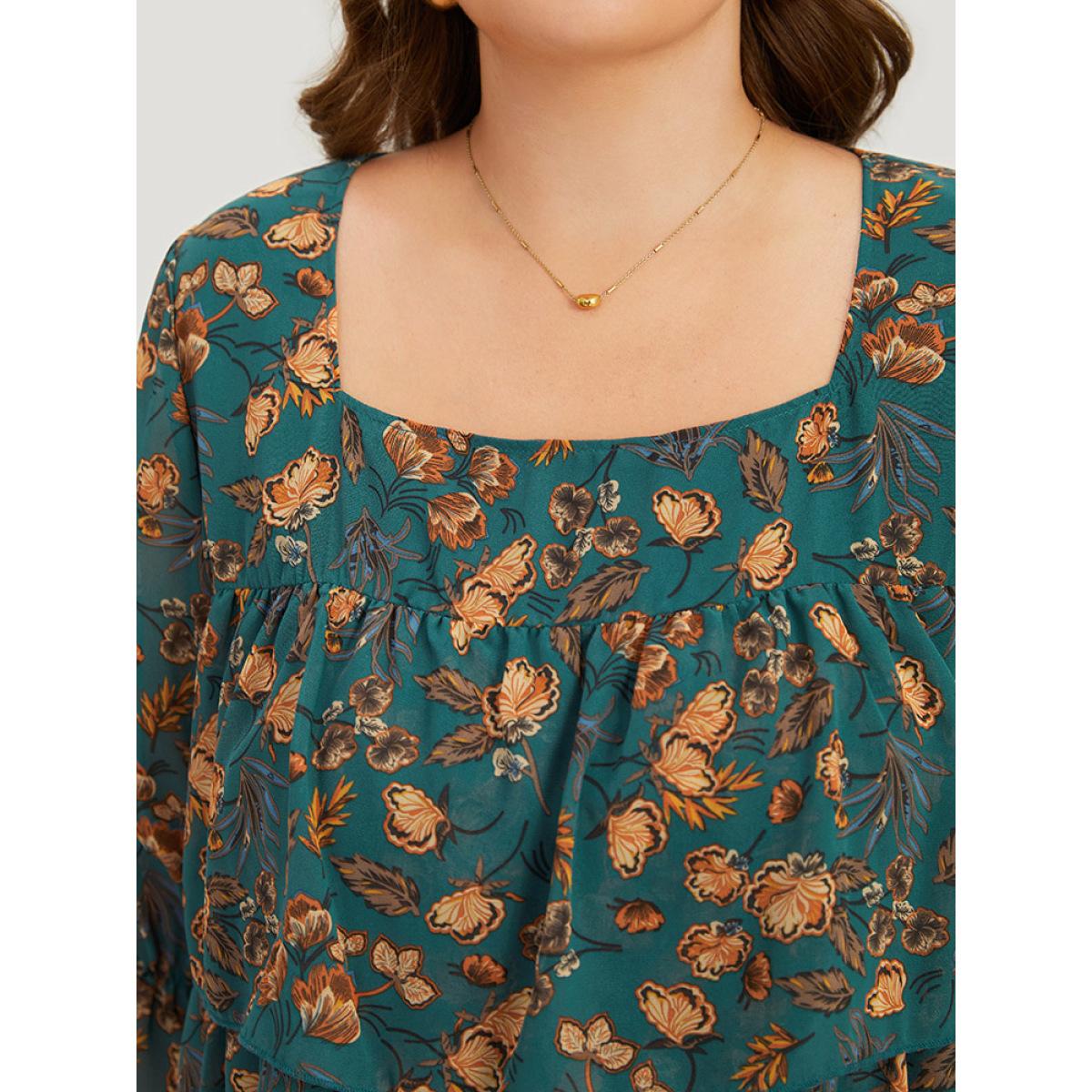 Plus Size Cyan Floral Print Square Neck Layered Ruffle Trim Blouse Women Office Half Sleeve Square Neck Dailywear Blouses BloomChic 12/L Product Image