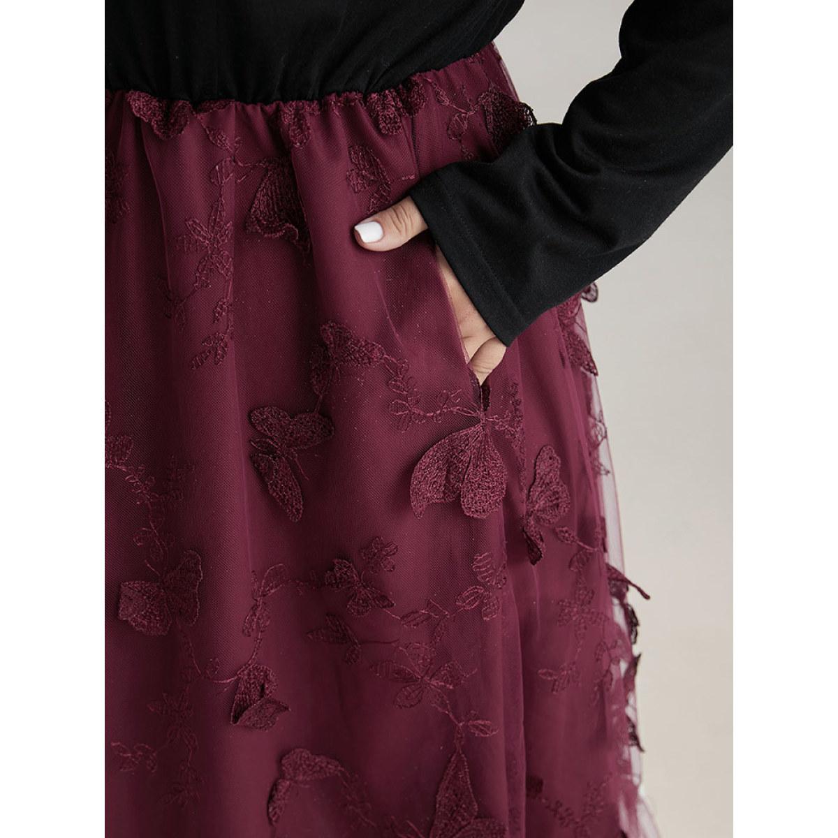 Plus Size Butterfly Graphic Patchwork Mesh Dress Burgundy Women Glamour See through V-neck Long Sleeve Curvy Midi Dress BloomChic 26/4X Product Image