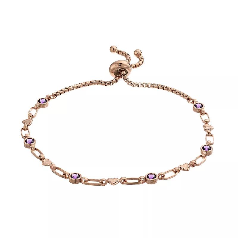 Kristen Kesho Sterling Silver Lab-Created Amethyst & Heart Link Adjustable Bolo Bracelet, Women's, Size: 9.50 Product Image