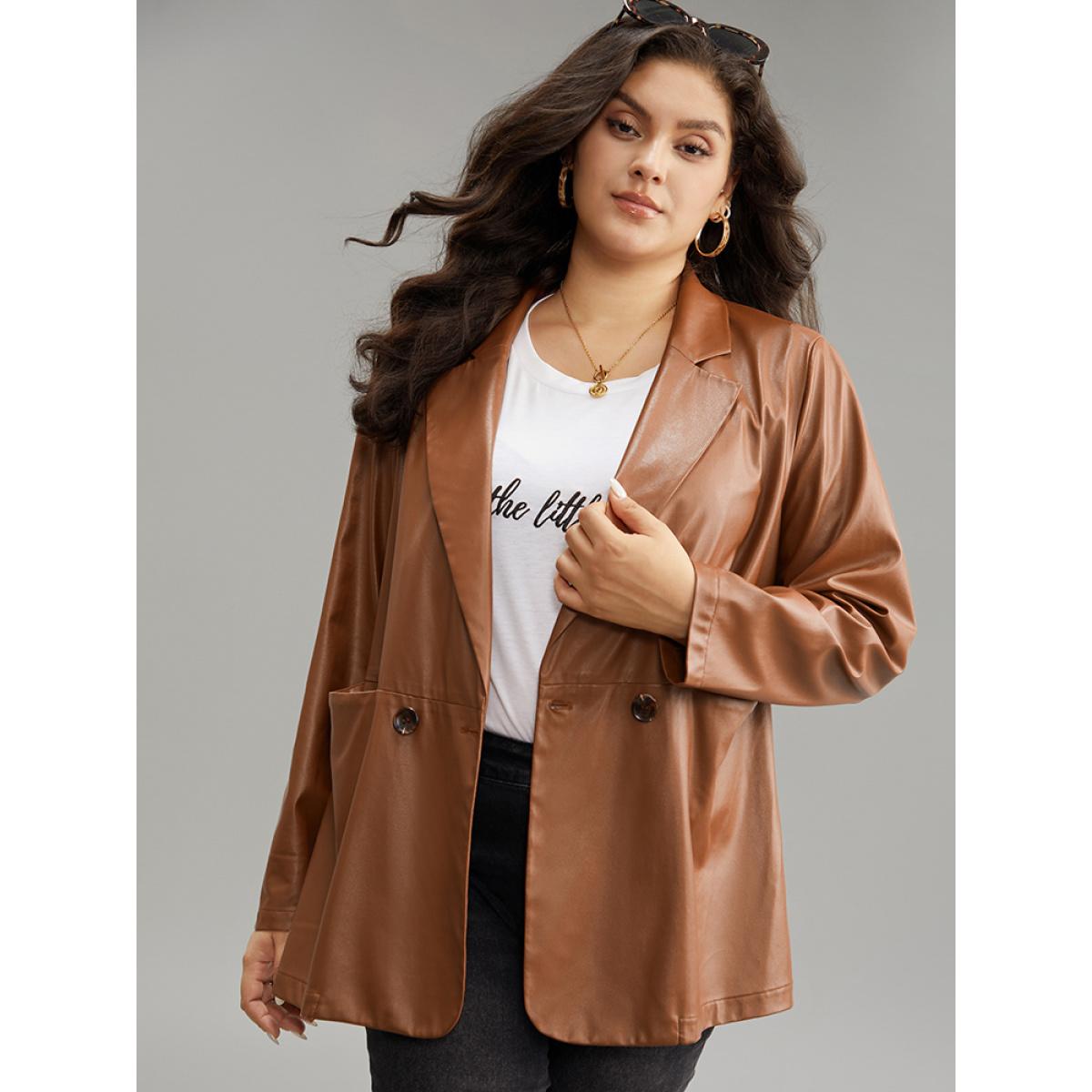 Plus Size Lapel Collar Pocket Button Up Blazer Tan Women Dailywear Plain Plain Sleeve Long Sleeve Lapel Collar 22-24/3X Pocket Casual Blazers BloomChic Product Image