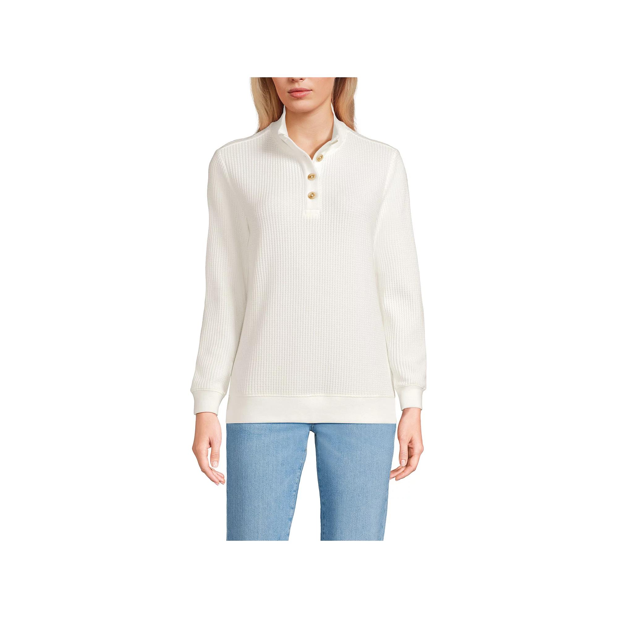 Women's Lands' End Long-Sleeve Waffle Knit Button Placket Top, Size: Large, Ivory Product Image
