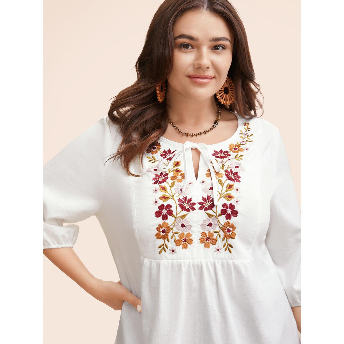 Plus Size Originalwhite Floral Embroidered Tie Knot Lantern Sleeve Blouse Women Resort Elbow-length sleeve V-neck Vacation Blouses BloomChic 30/6X Product Image