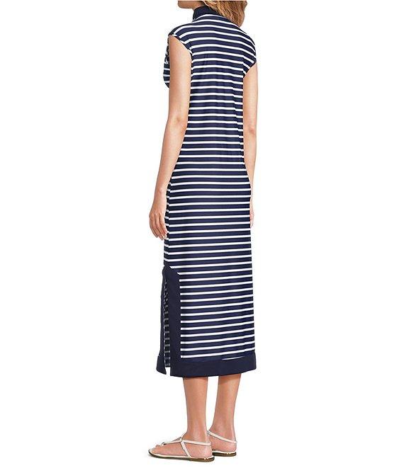 Jude Connally Kristen Striped Print Jude Cloth Stretch Knit Wrinkle-Free Split V-Neck Sleeveless A-Line Midi Dress Product Image