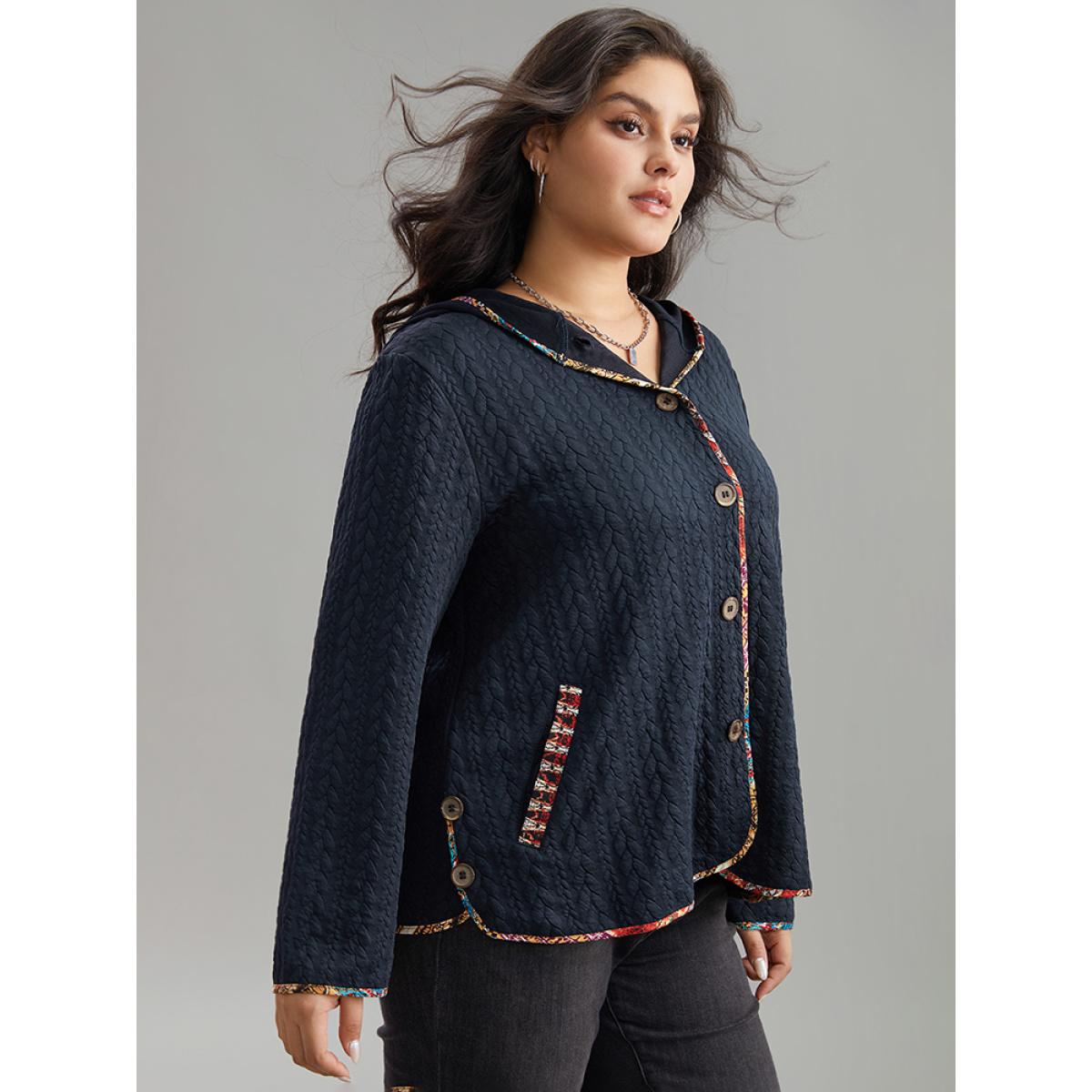 Plus Size Texture Pocket Patchwork Button Detail Jacket Women DarkBlue Texture Pocket Everyday Jackets BloomChic 14-16/1X Product Image