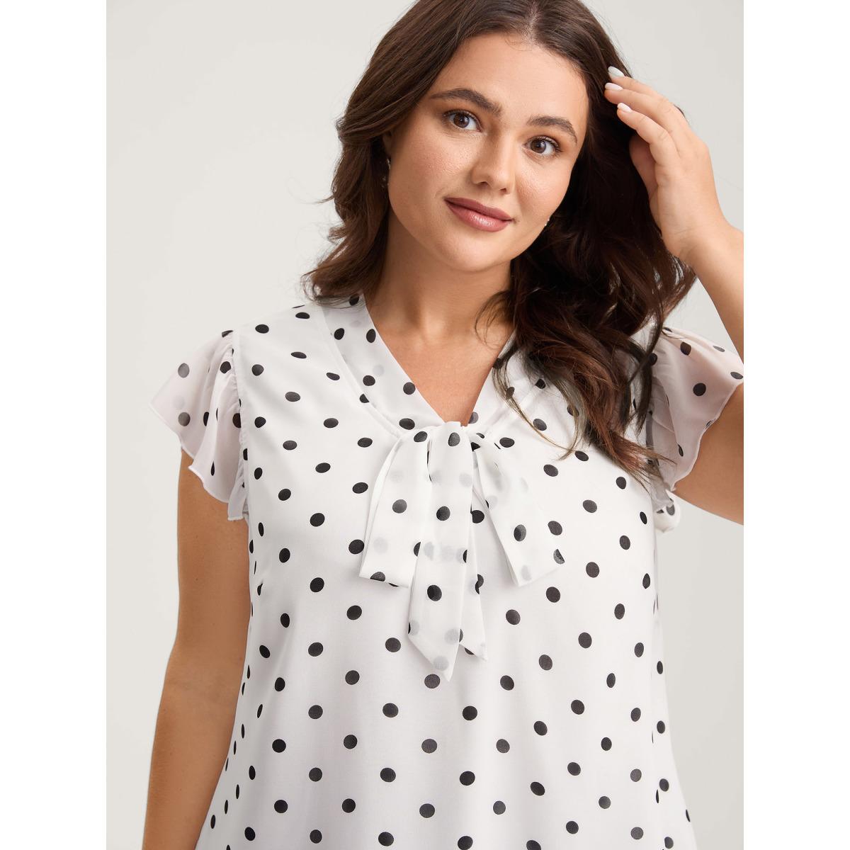 Plus Size Black Polka Dot Ribbon Collar Blouse Women Office Cap Sleeve Ribbon-tied collar Office Blouses BloomChic 18-20/2X Product Image