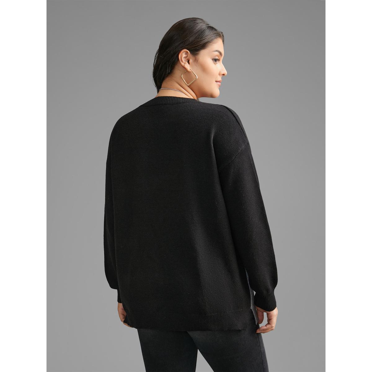 Plus Size Cat Contrast Drop Shoulder Pullover Black Women Playful Loose Long Sleeve Round Neck Casual Pullovers BloomChic 12/L Product Image