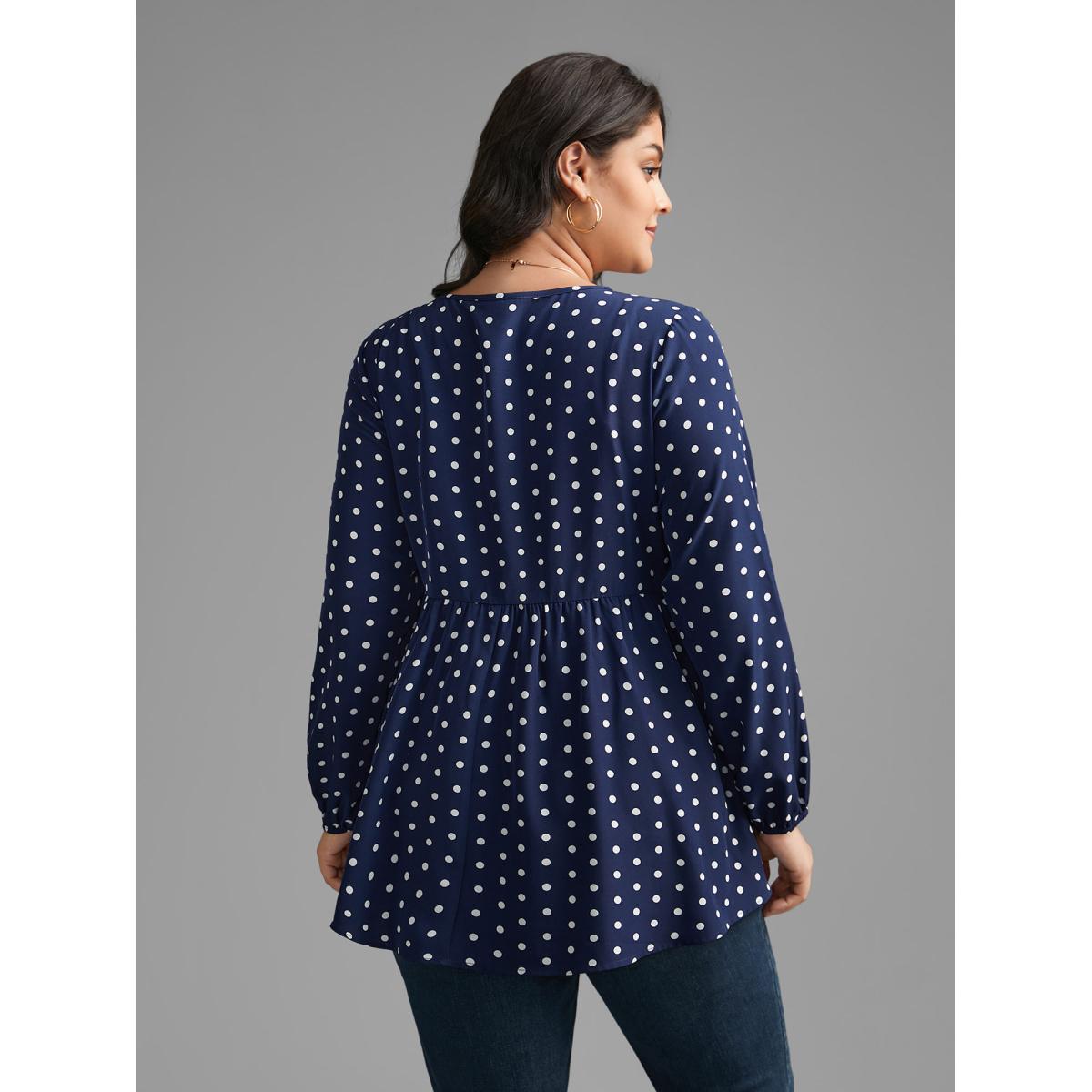 Plus Size Indigo Polka Dot Gathered Lantern Sleeve Blouse Women Elegant Long Sleeve Round Neck Everyday Blouses BloomChic 28/5X Product Image