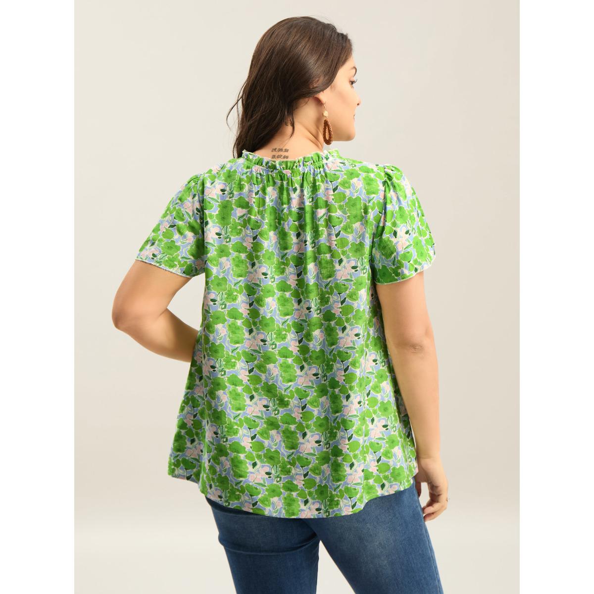Plus Size LightGreen In Full Bloom Mock Neck Shirt Women Resort Cap Sleeve Stand-up collar Vacation Blouses BloomChic 28/5X Product Image