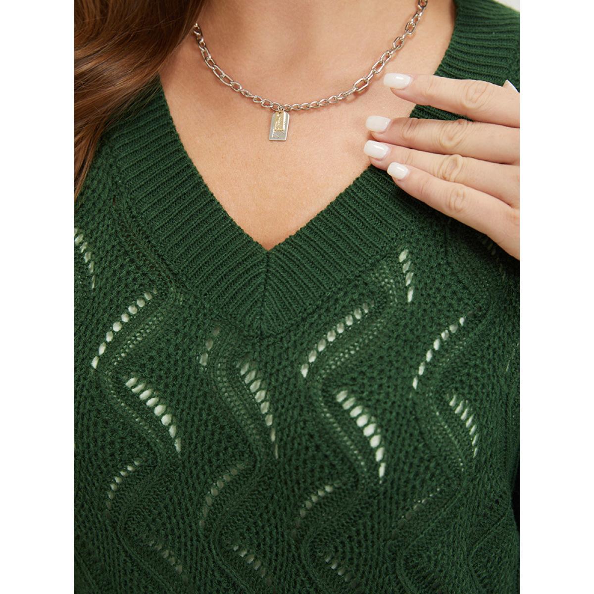 Plus Size Plain Hollow Out V Neck Pullover DarkGreen Women Casual Loose Long Sleeve V-neck Everyday Pullovers BloomChic 26/4X Product Image