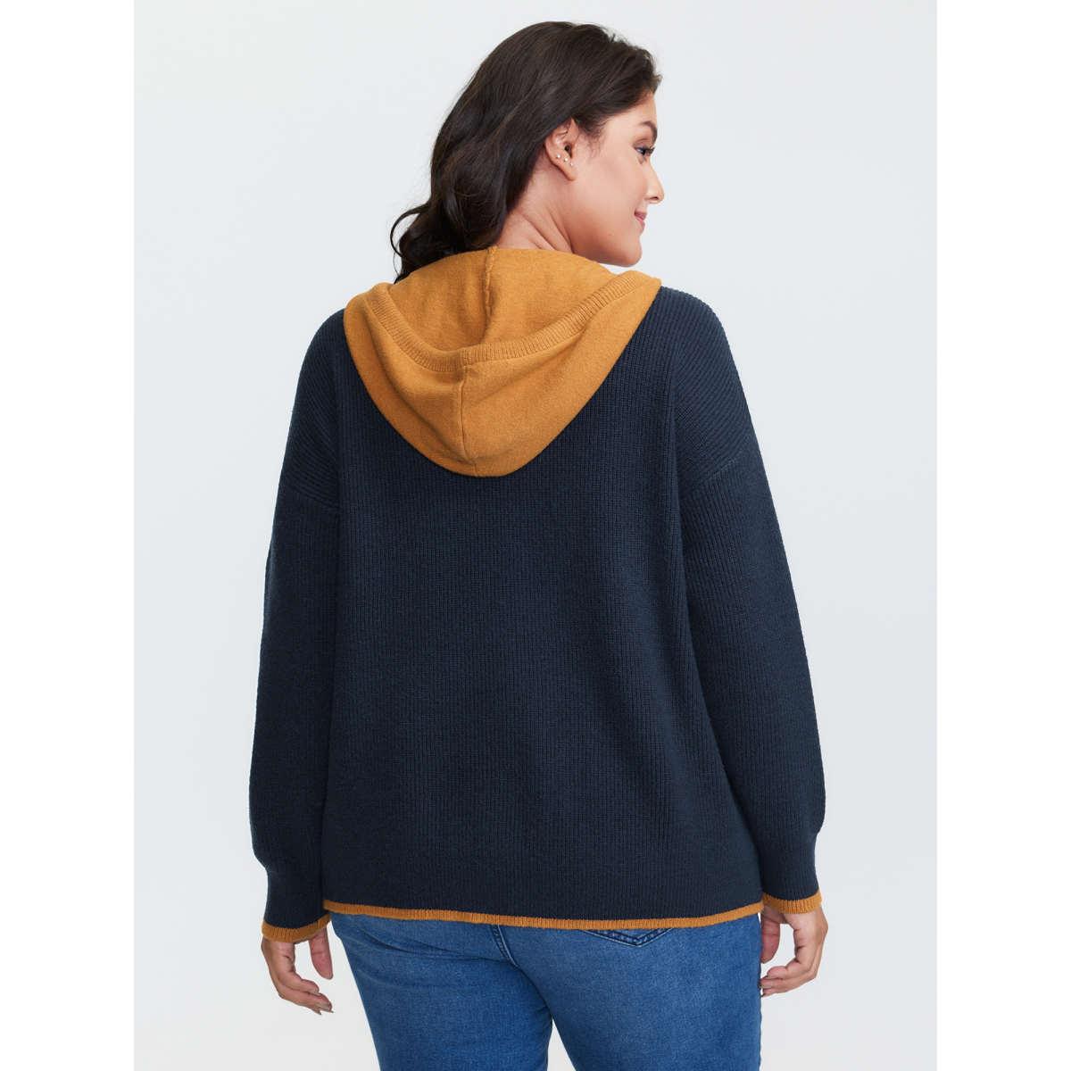 Plus Size Contrast Hooded Zipper Front Pocketed Cardigan Midnight Women Leisure Loose Long Sleeve Casual Cardigans BloomChic 26/4X Product Image