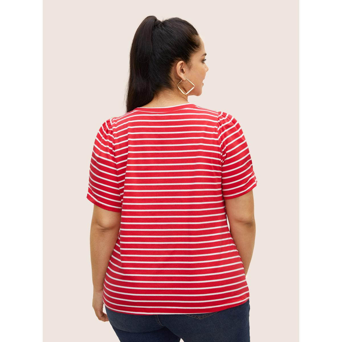 Plus Size Round Neck Striped Bishop Sleeve T-shirt Brightred Women Casual Gathered Round Neck Everyday T-shirts BloomChic 12/L Product Image