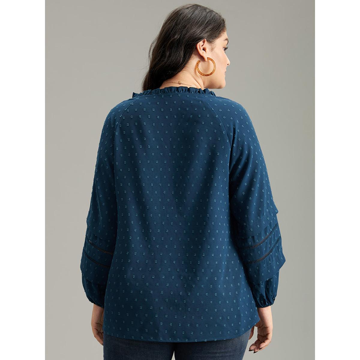 Plus Size Aegean Plain Textured Cut Out Frill Trim Lantern Sleeve Blouse Women Office Long Sleeve V-neck Office Blouses BloomChic 10/M Product Image